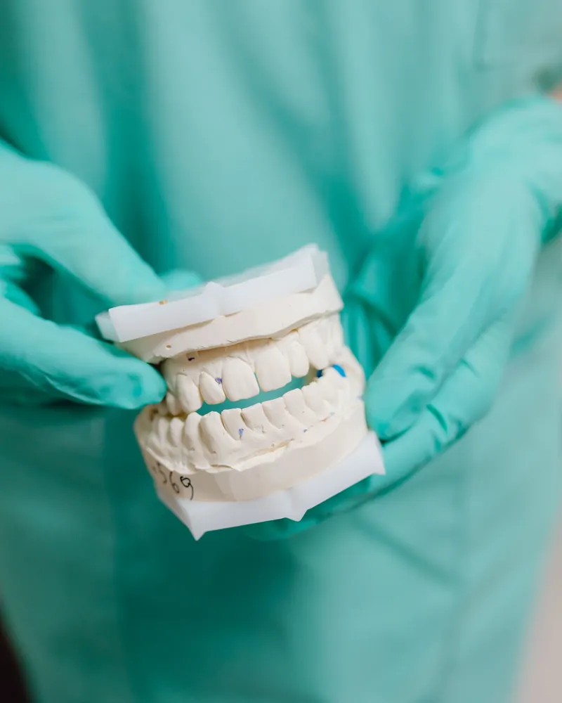 Odontóloga con guantes sosteniendo un modelo de yeso de la dentadura